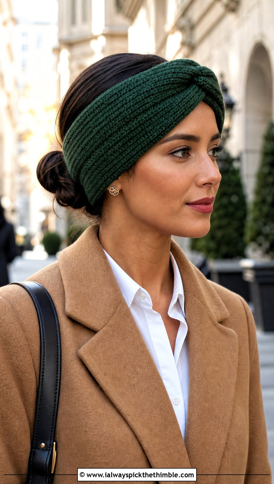 Faux Knit Twist Ear Warmer With Camel Coat - 20 Crochet Twist Ear Warmer outfit ideas
