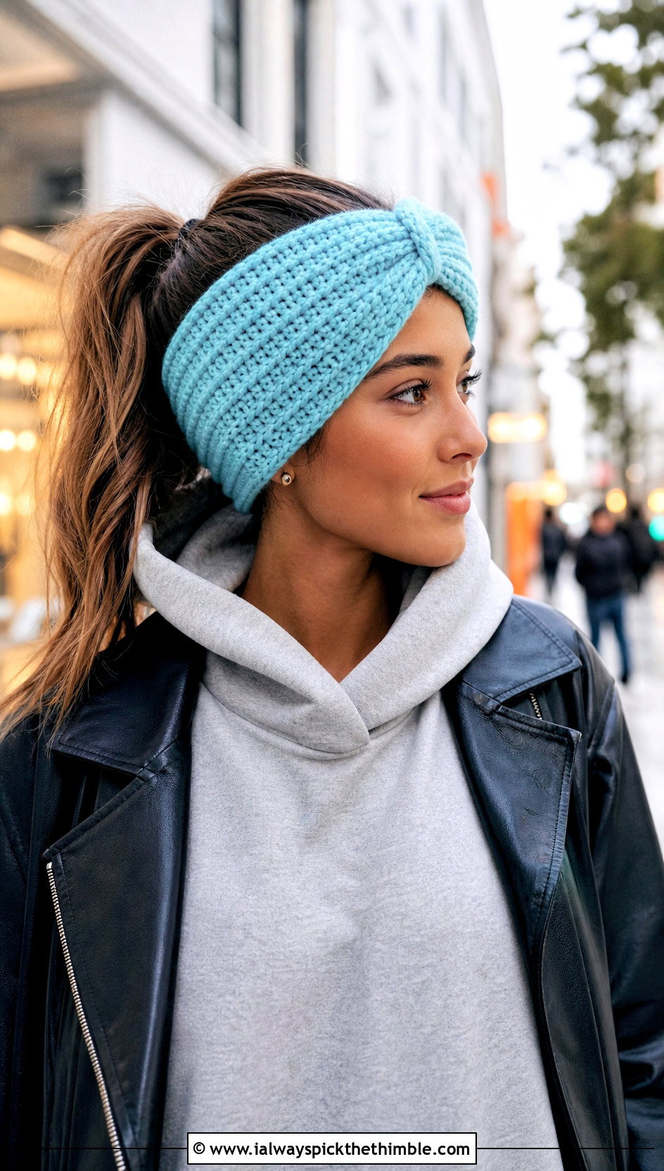 Faux Knot Crochet Ear Warmer With Leather Pants - 25 crochet ear warmers outfit ideas