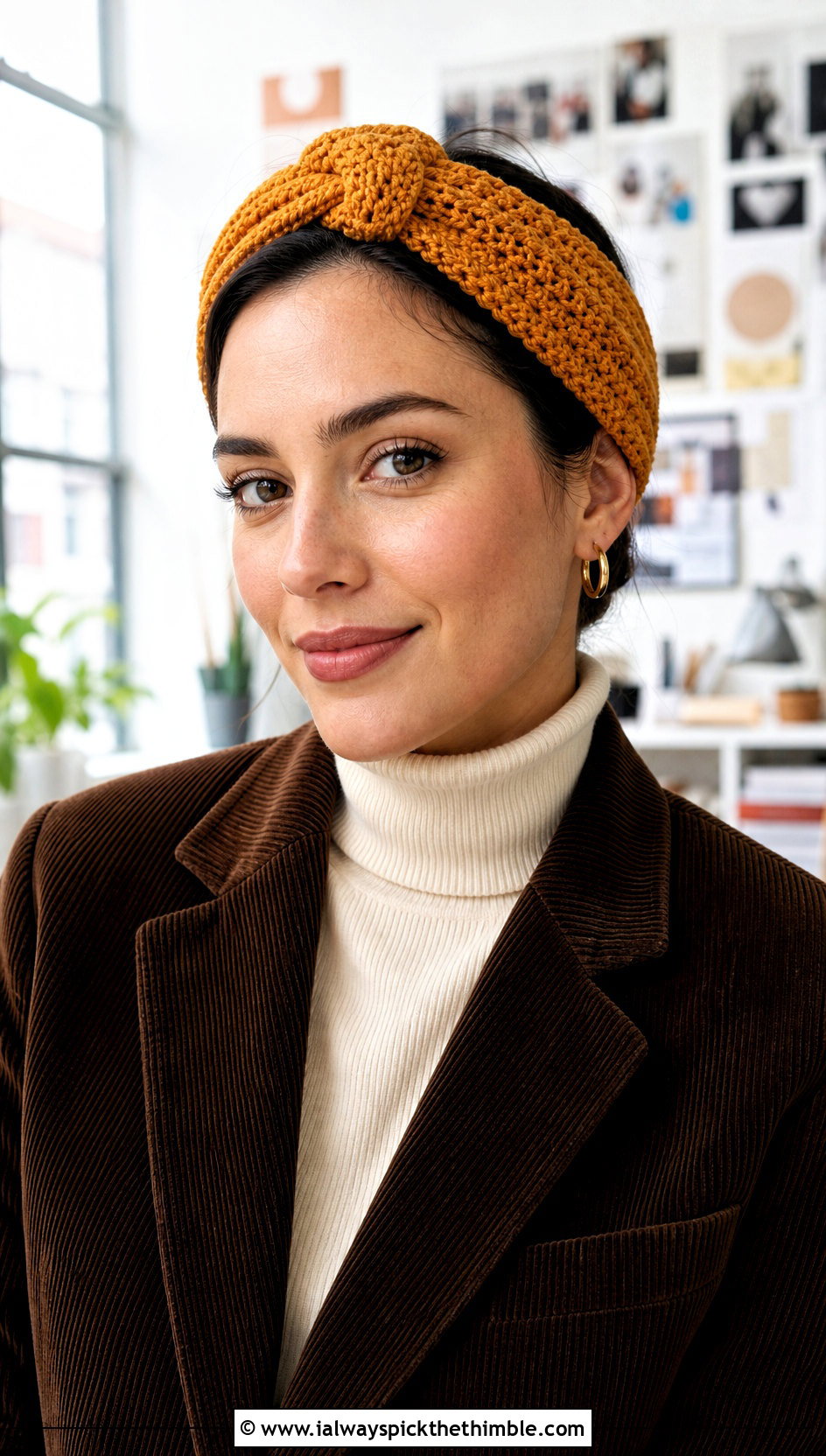 Faux Knot Crochet Headband With Corduroy Suit - 25 winter crochet headband outfit ideas