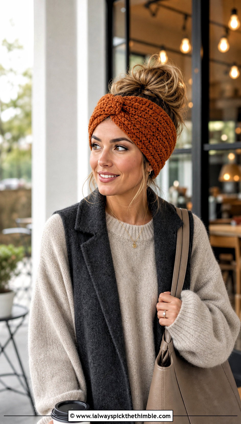 Faux Knot Crochet Messy Bun Ear Warmer With Oversized Sweater - 20 Crochet Messy Bun Ear Warmer outfit ideas