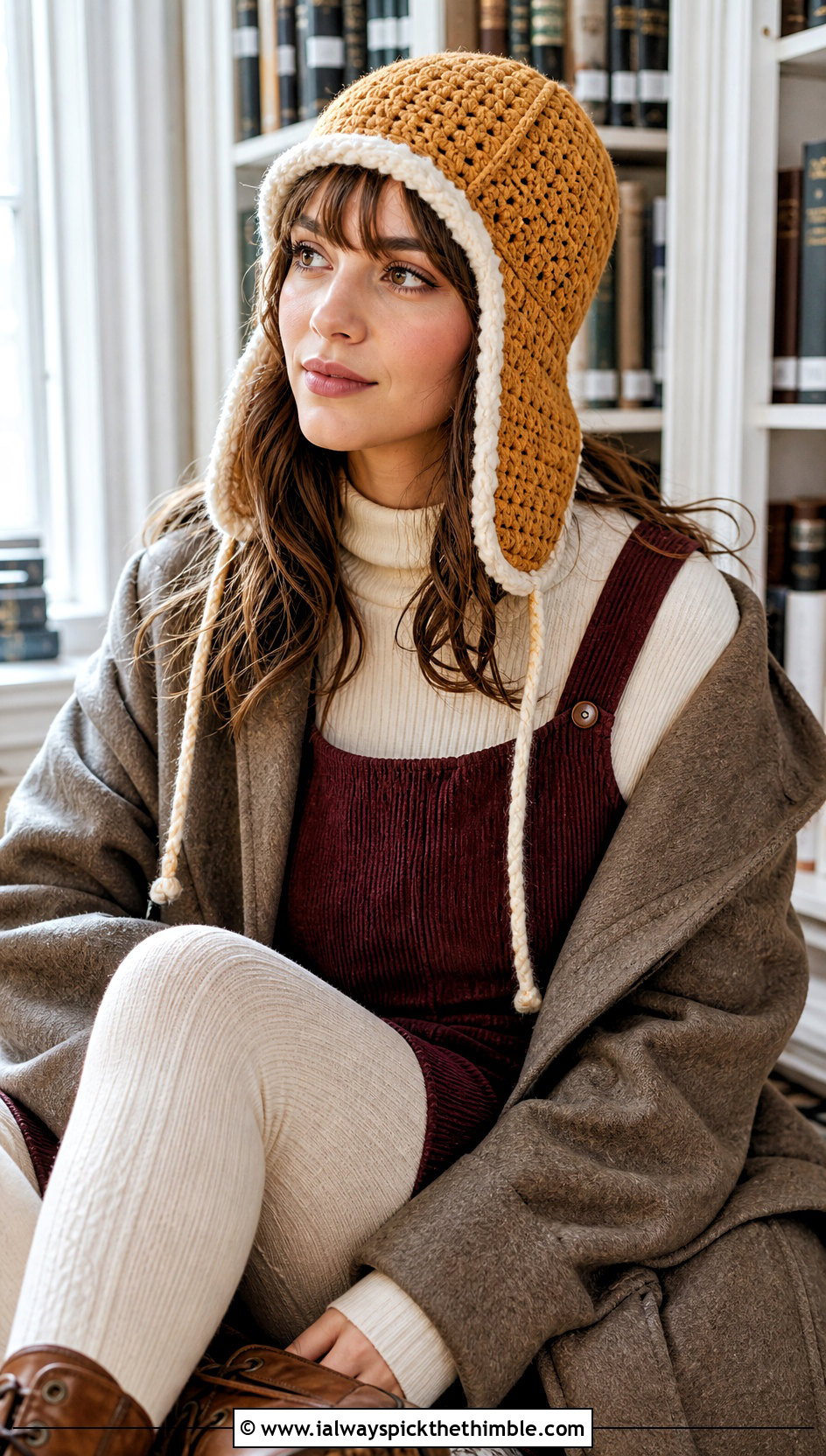 Faux Shearling Trim Crochet Ear Flap Beanie With Pinafore Dress - 20 crochet ear flap beanie outfit ideas