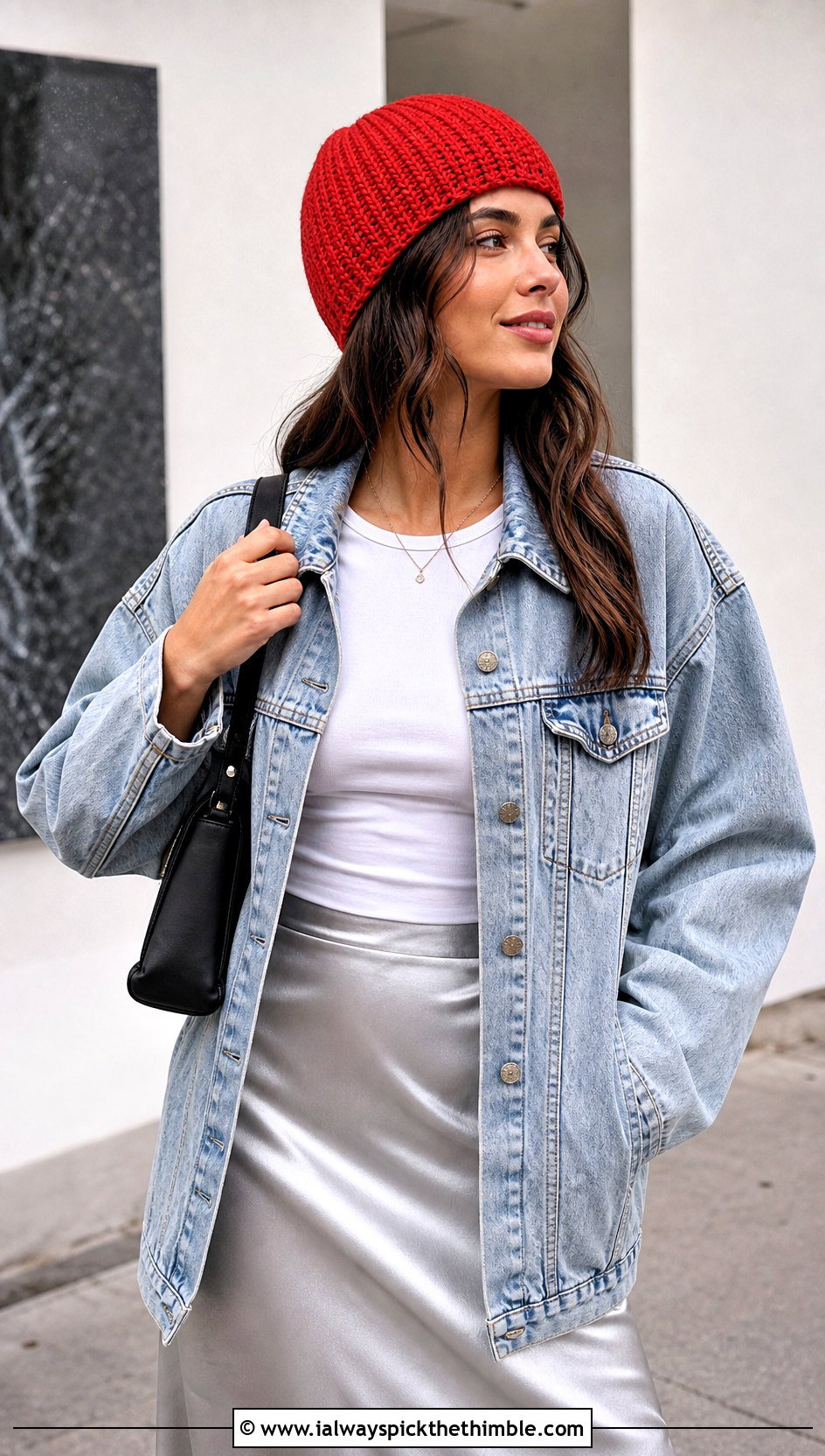 Faux Stockinette Crochet Beanie With Denim Jacket And Midi Skirt - 20 Crochet Beanie That Looks Like Knit outfit ideas