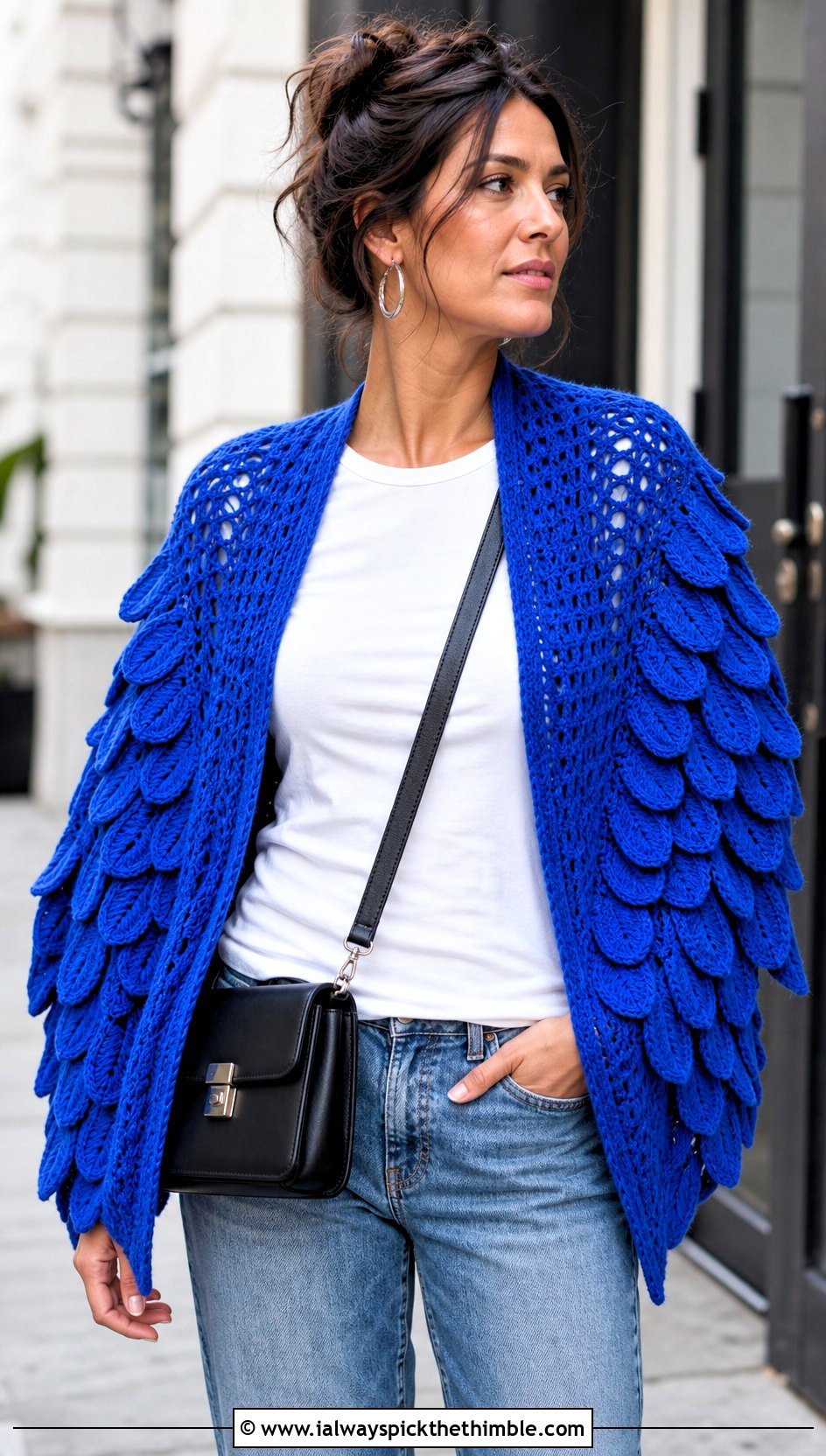 Feather Wing Crochet Shawl With Straight Leg Jeans - 20 crochet feather shawl outfit ideas