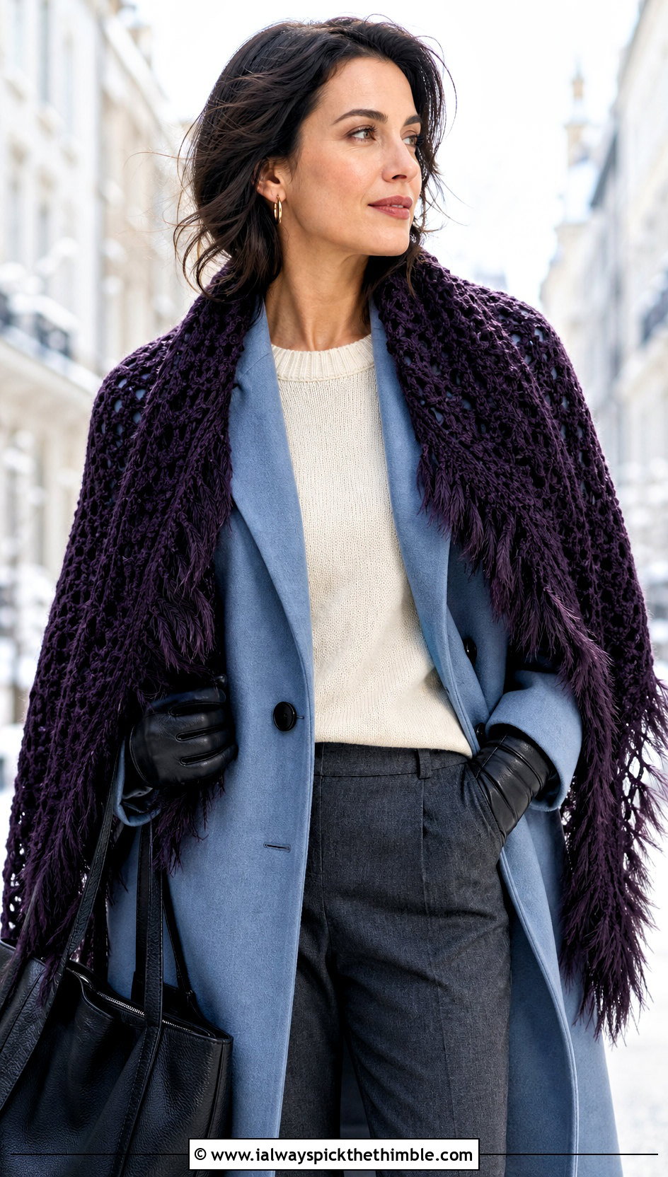 Feathered Fall Crochet Shawl With Wool Coat - 20 crochet feather shawl outfit ideas