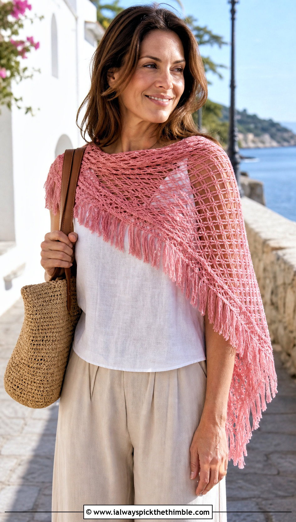Feathered Fringe Mesh Crochet Scarf With Linen Outfit - 20 Crochet Scarf Fringe Ideas