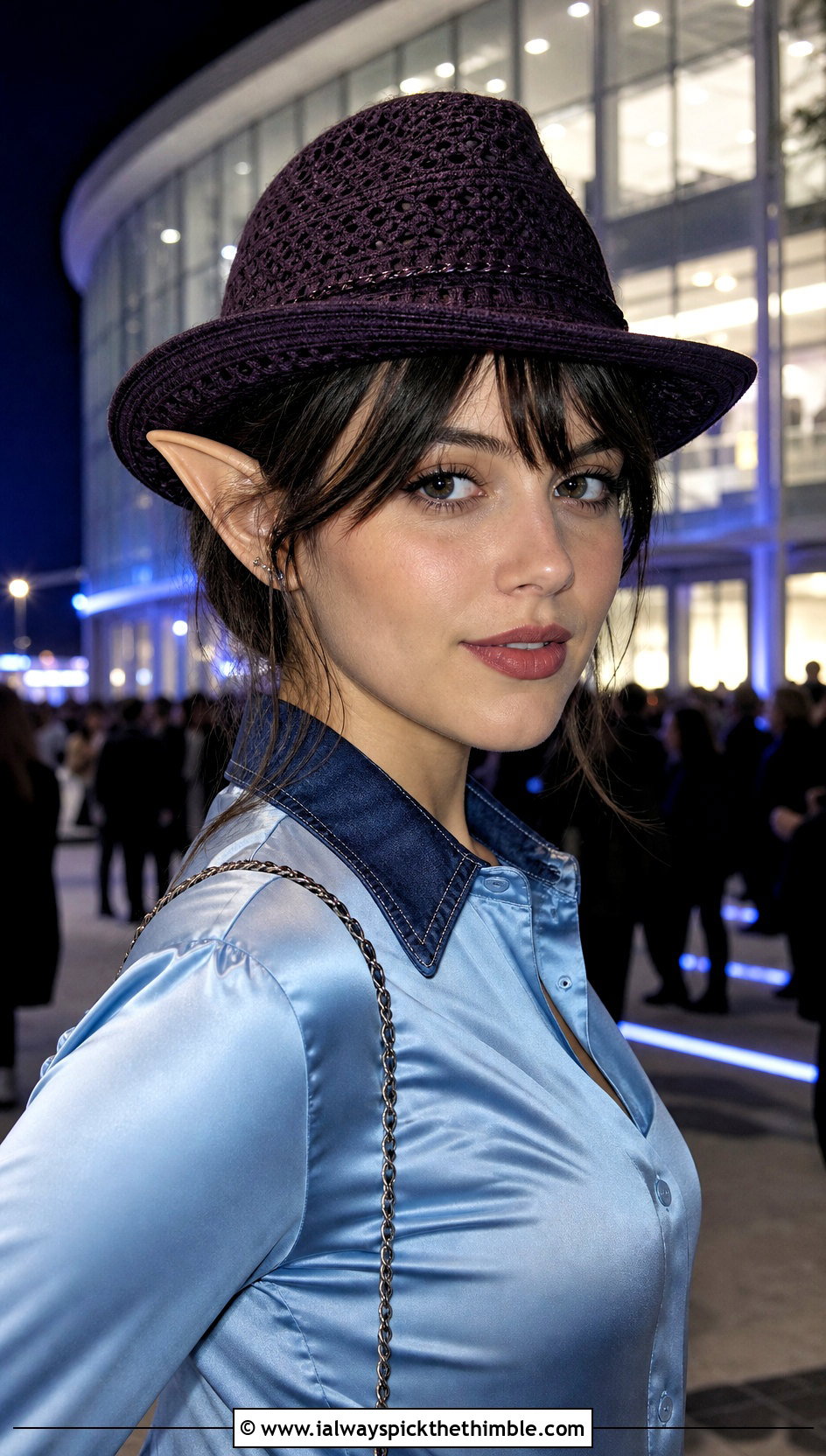 Fedora Dobby Crochet Hat With Satin Blouse And Dark Jeans - 20 dobby crochet hat outfit ideas