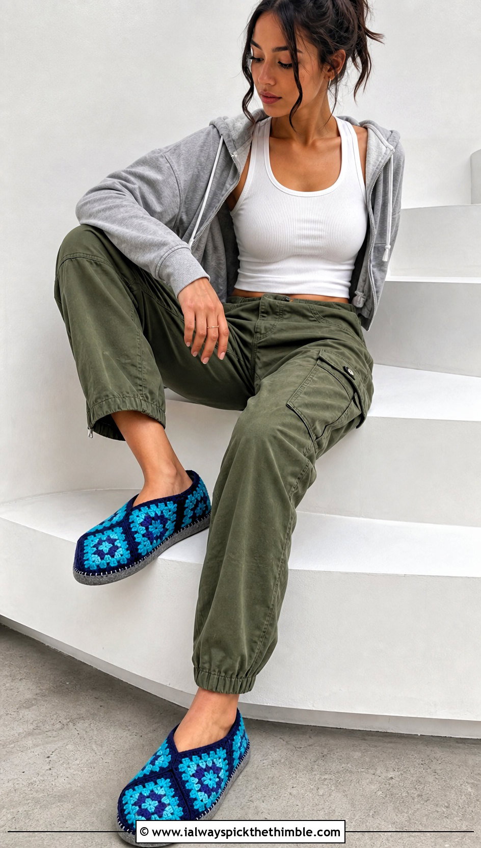 Felt Sole Granny Square Crochet Slippers With Cargo Pants - 20 Easy Granny Square Crochet Slippers outfit ideas