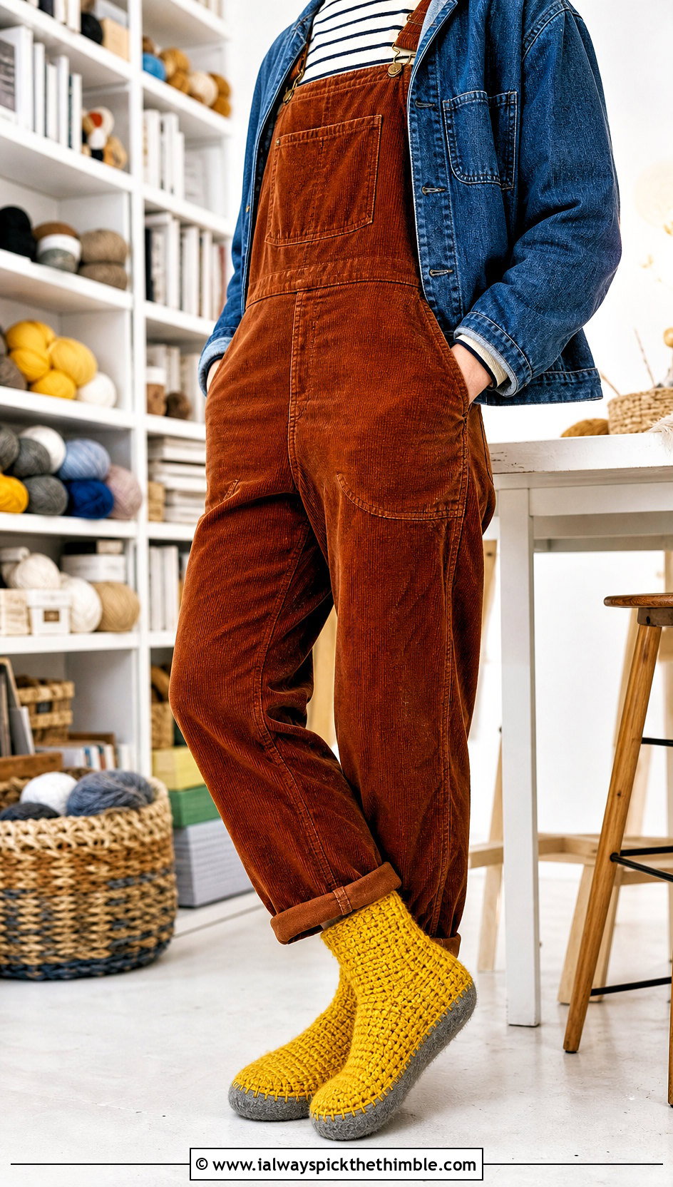 Felt Soled Chunky Crochet Slipper Socks With Corduroy Overalls - 15 chunky crochet slipper socks outfit ideas