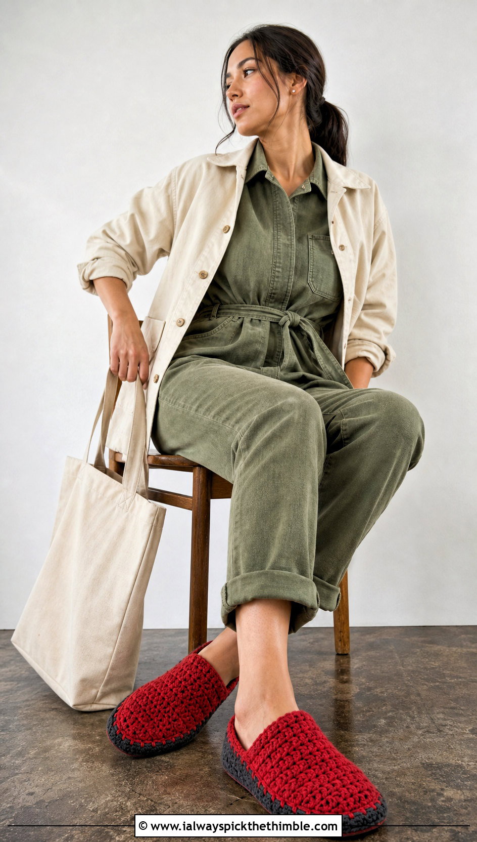 Felt Soled Crochet Slippers With Jumpsuit And Chore Jacket - 25 crochet slipper outfit ideas