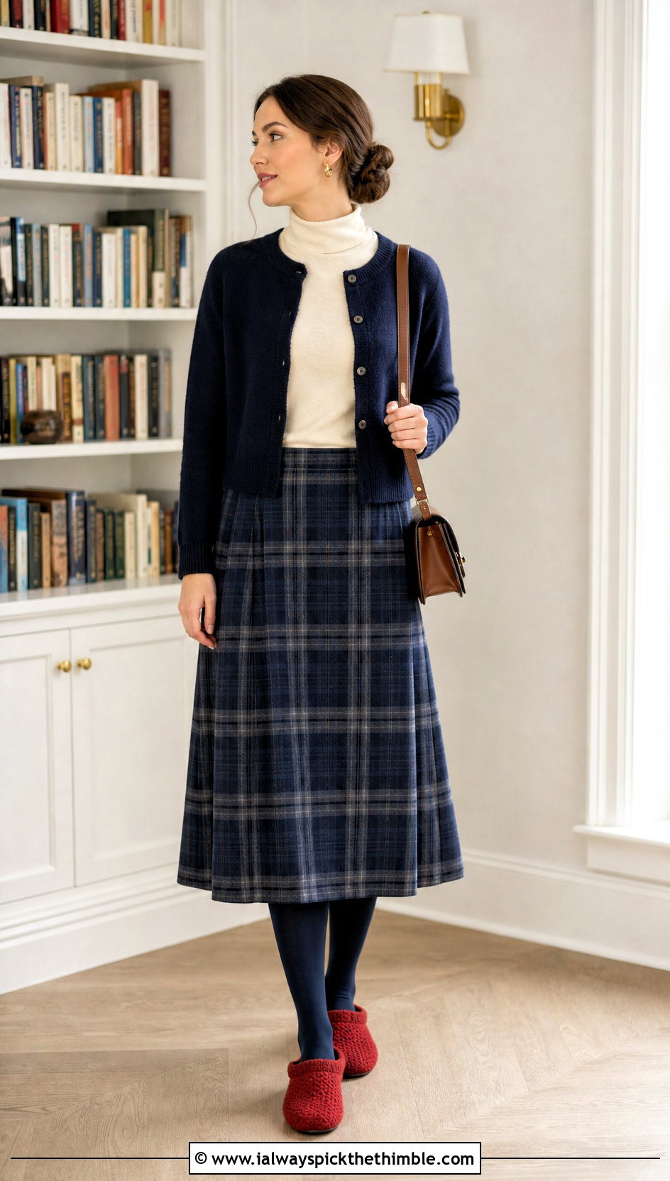 Felted Crochet Knit Clog Slippers With Plaid Midi Skirt - 15 crochet-knit clog slippers outfit ideas