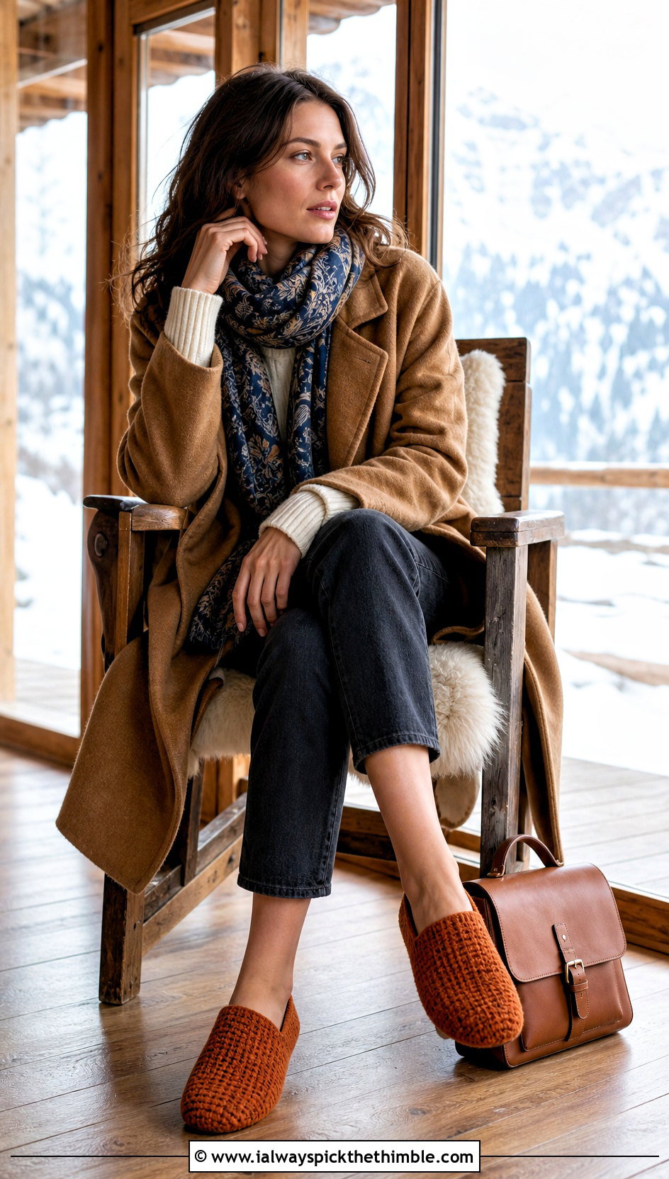 Felted Crochet Slippers With Wool Coat And Jeans - 25 crocheted slippers outfit ideas