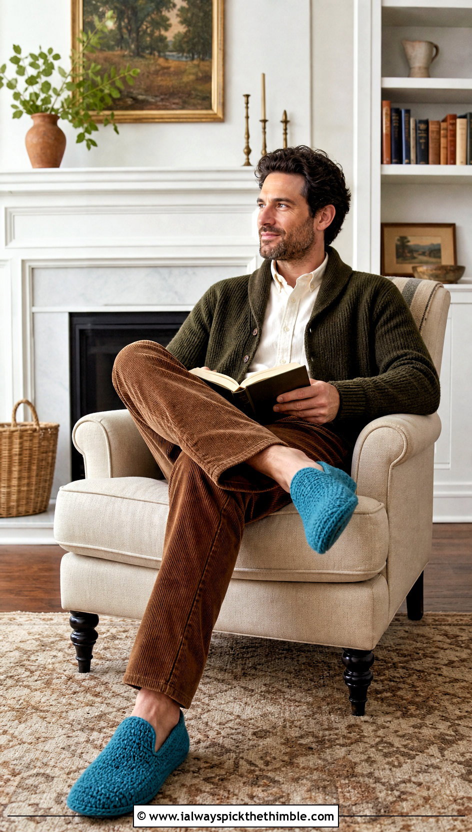 Felted Look Crochet Slippers With Cardigan And Corduroy Pants - 20 crochet slippers for men outfit ideas