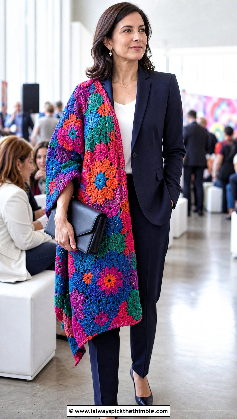 Festival Of Flowers Patchwork Shawl With A Pantsuit - 15 Crochet Floral Shawl outfit ideas
