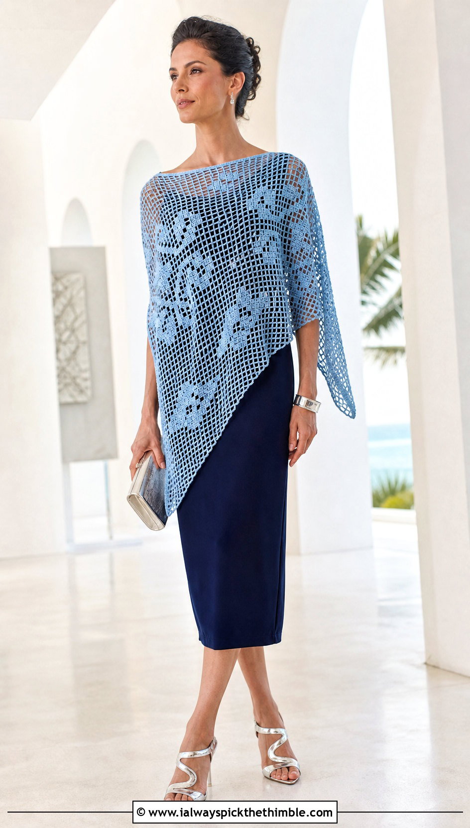 Filet Asymmetrical Crochet Poncho With Column Dress - 20 Asymmetrical Crochet Poncho outfit ideas