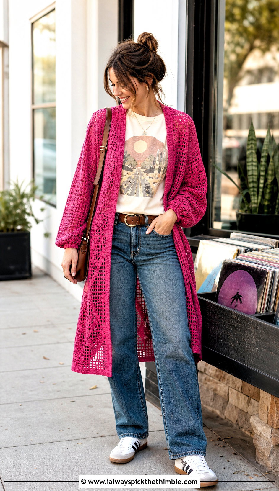 Filet Boho Crochet Cardigan With Graphic Tee And Jeans - 25 Boho Crochet Cardigan outfit ideas