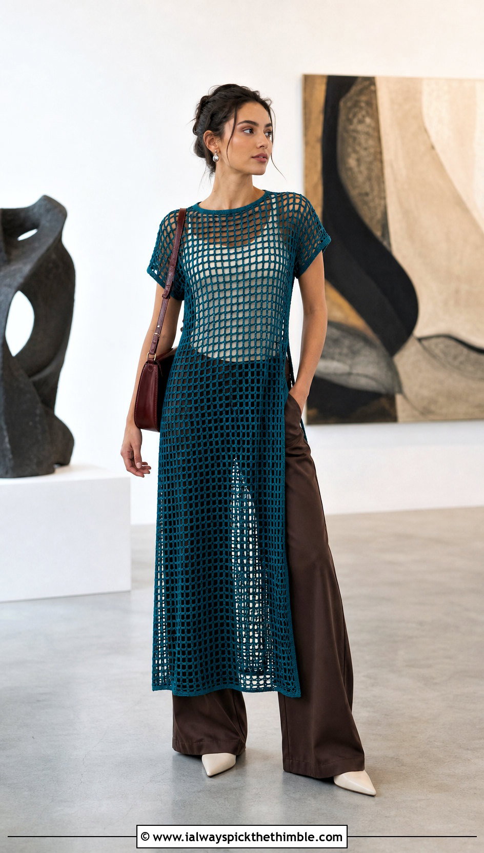 Filet Chain Dress With Wide Leg Trousers - 20 Crochet Chain Dress outfit ideas