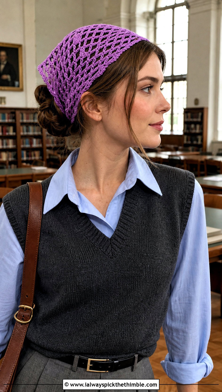 Filet Crochet Bandana Headband With Sweater Vest - 20 Crochet Bandana Headband outfit ideas