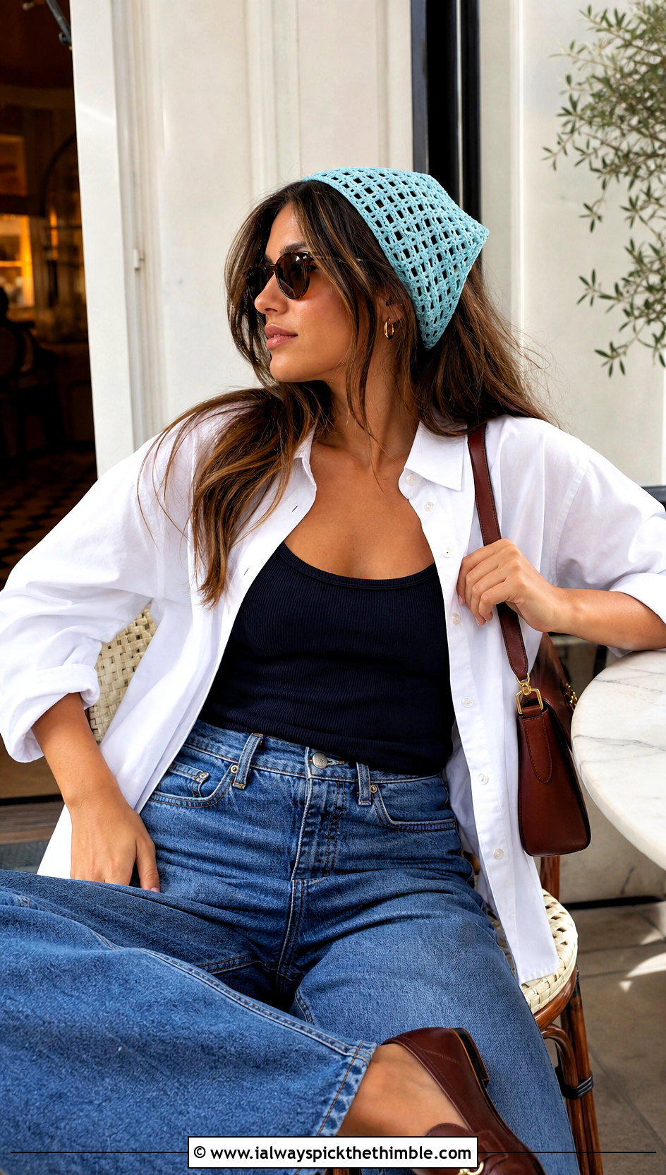 Filet Crochet Bandana With Button Down Shirt And Wide Leg Jeans - 20 crochet bandana hair scarf outfit ideas