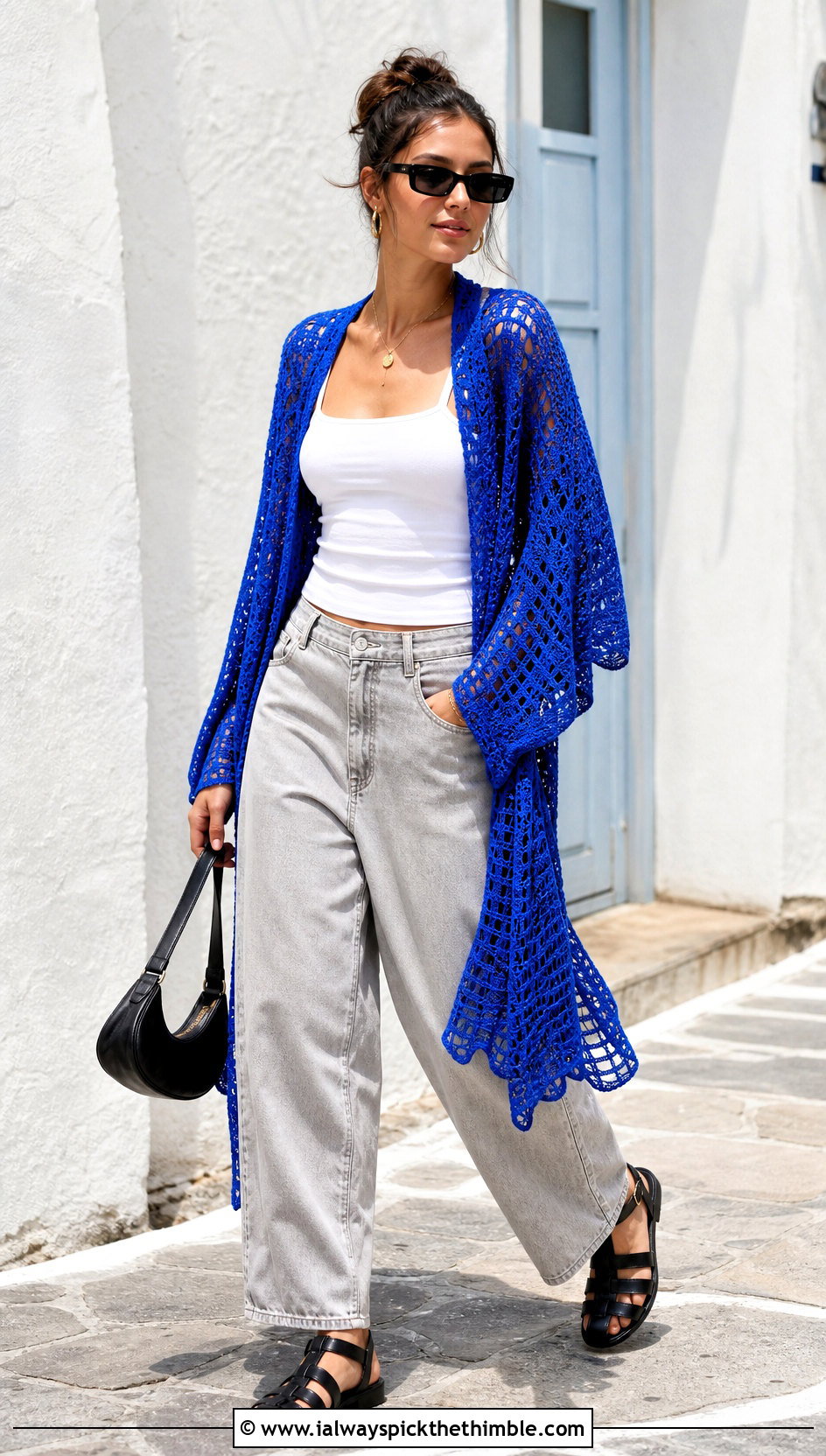 Filet Crochet Beach Shawl With Barrel Jeans - 20 crochet beach shawl outfit ideas