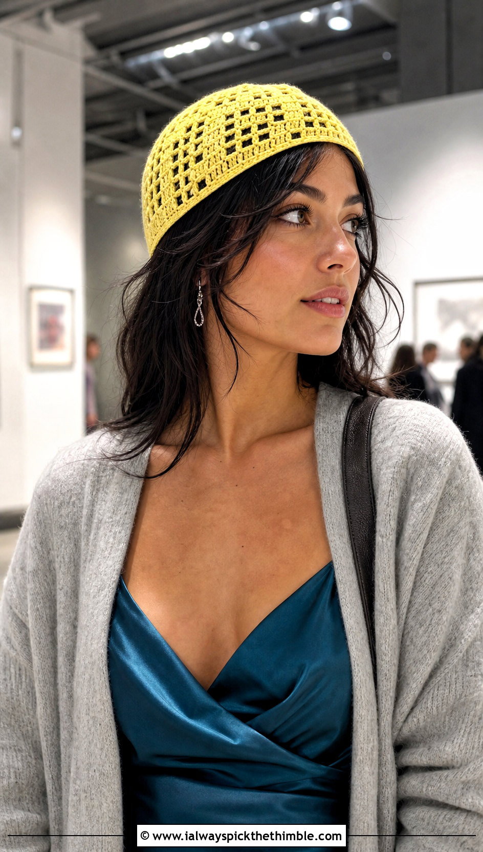 Filet Crochet Beanie With Slip Dress And Cardigan - 20 unique crochet beanie outfit ideas