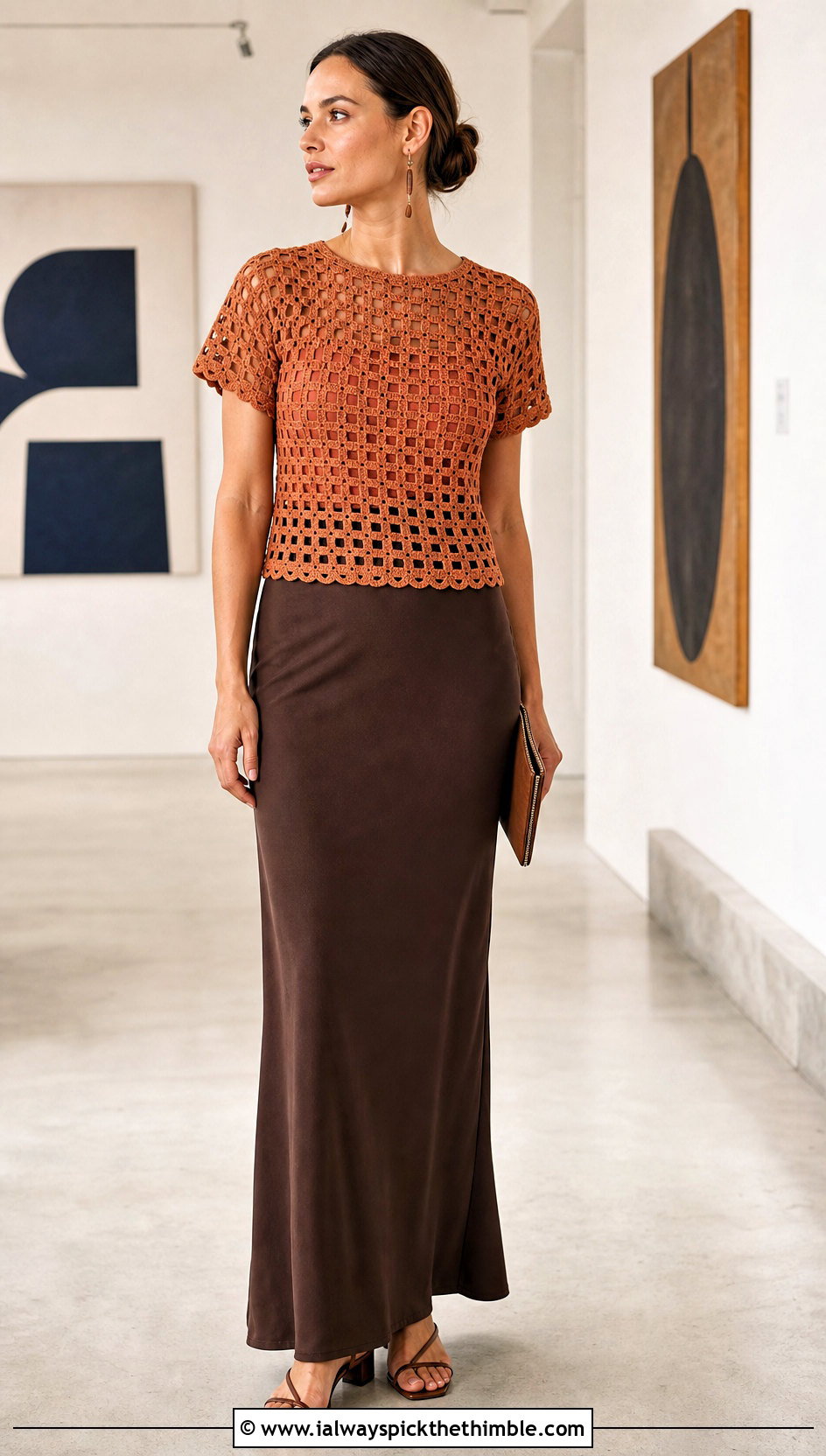 Filet Crochet Blouse With Column Maxi Skirt - 25 crocheted tops outfit ideas