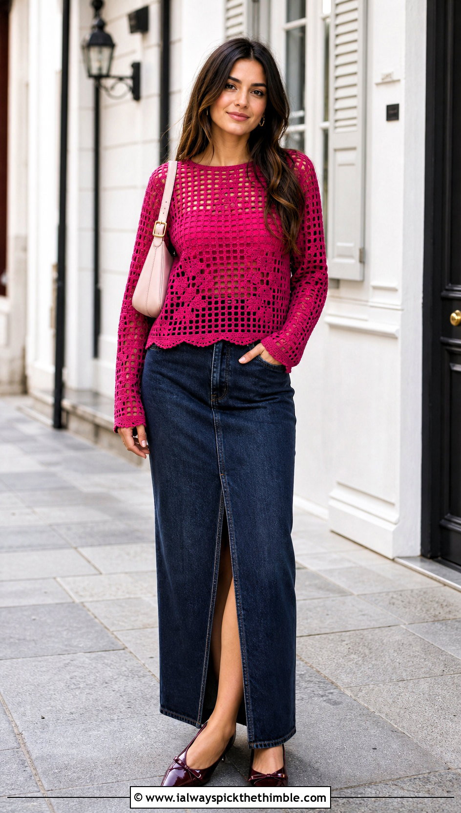 Filet Crochet Blouse With Denim Maxi Skirt - 15 Long Sleeve Crochet Blouse outfit ideas