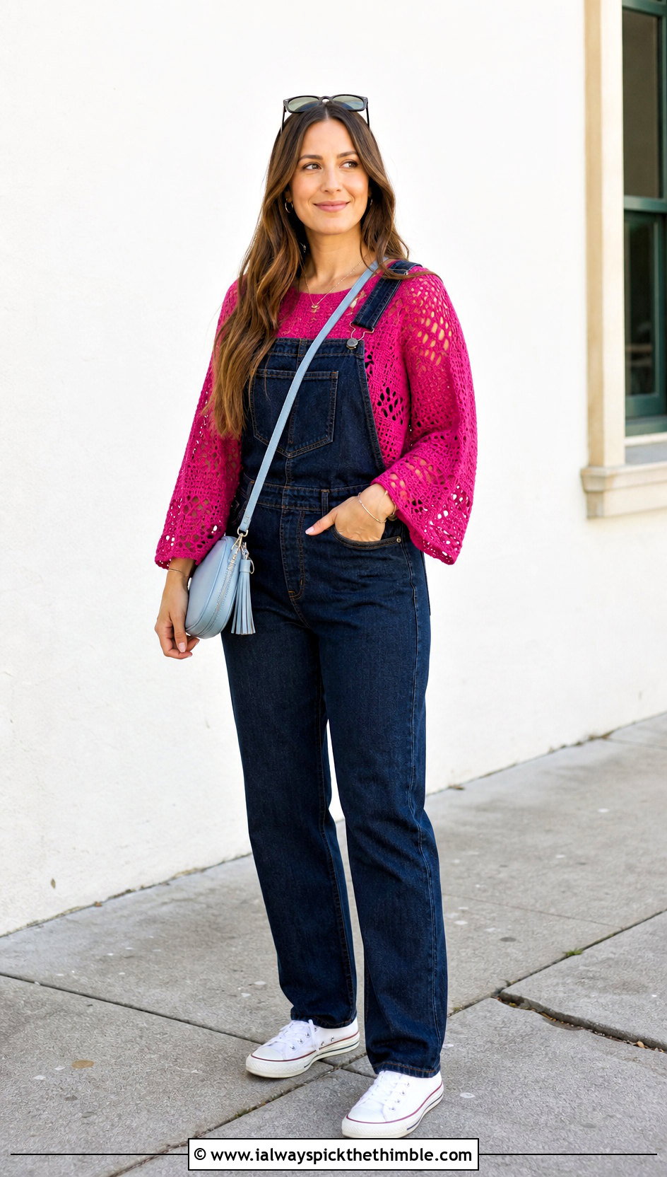 Filet Crochet Blouse With Denim Overalls - 25 simple crochet tops outfit ideas