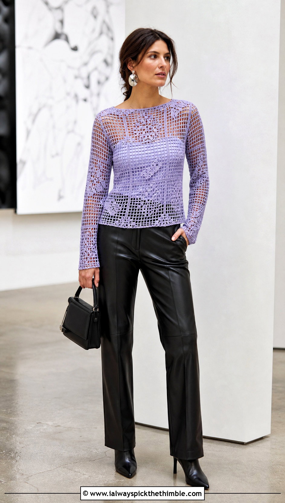 Filet Crochet Blouse With Leather Trousers - 25 whimsical crochet clothes and outfit ideas