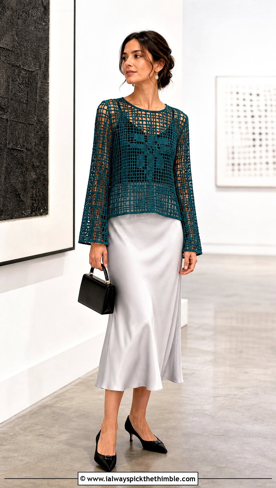Filet Crochet Blouse With Satin Midi Skirt - 20 Crochet Top With Holes outfit ideas