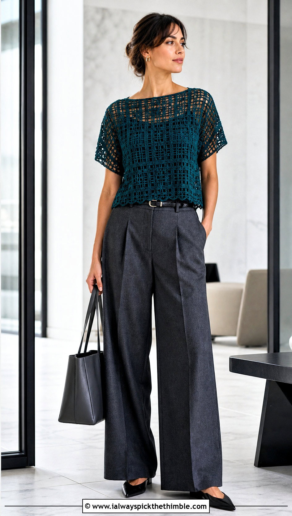 Filet Crochet Blouse With Tailored Trousers - 20 crochet thread clothes and outfit ideas