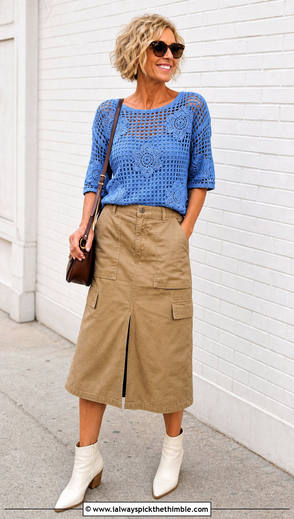 Filet Crochet Blouse With Utility Midi Skirt - 25 simple crochet top outfit ideas