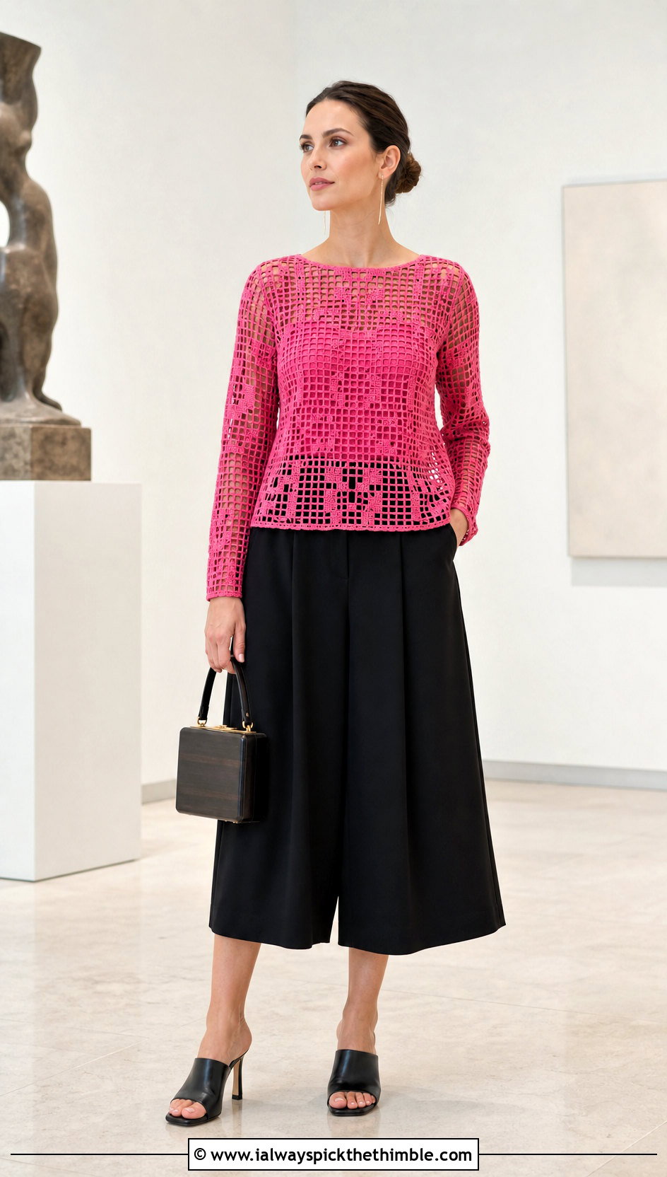 Filet Crochet Blouse With Wide Leg Culottes - 25 crochet top outfits ideas
