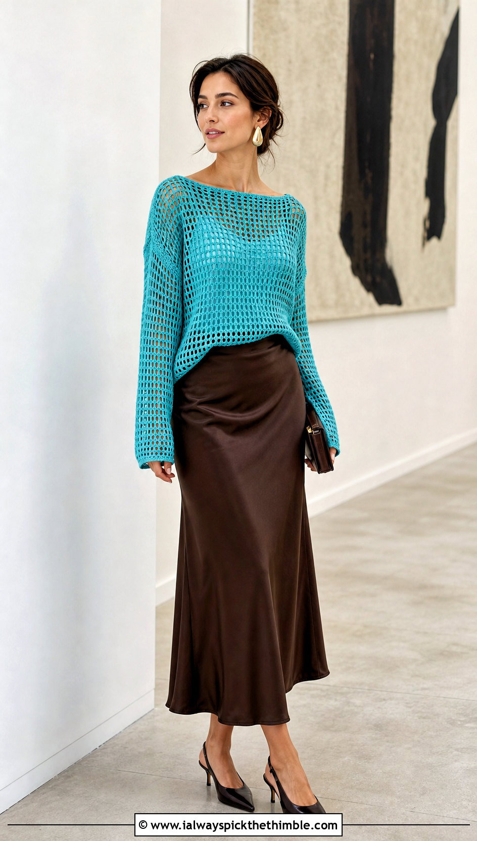 Filet Crochet Boat Neck Sweater With Satin Skirt - 15 Crochet Sweater 70S outfit ideas