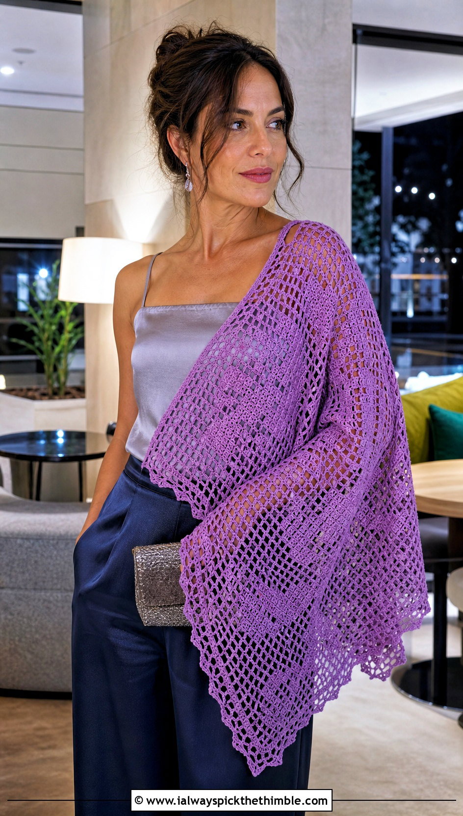 Filet Crochet Boho Shawl With Satin Trousers - 20 crochet boho shawl outfit ideas