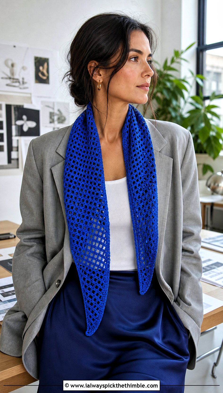 Filet Crochet Boomerang Scarf With Blazer And Slip Skirt - 15 Crochet Boomerang Scarf outfit ideas