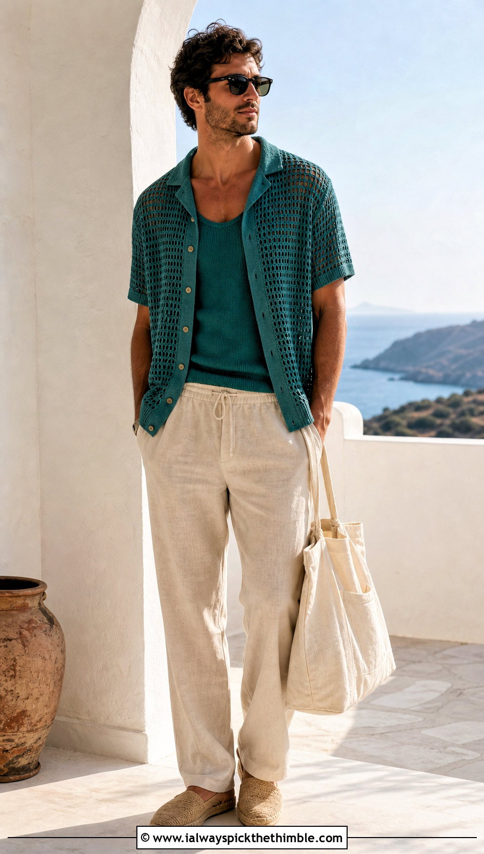 Filet Crochet Camp Shirt With Linen Pants - 15 Mens Crochet Collared Shirt outfit ideas