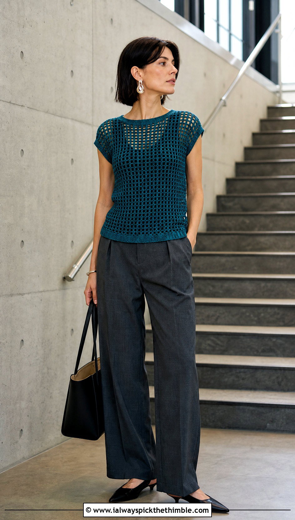 Filet Crochet Cap Sleeve Top With Tailored Trousers - 25 filet crochet top outfit ideas
