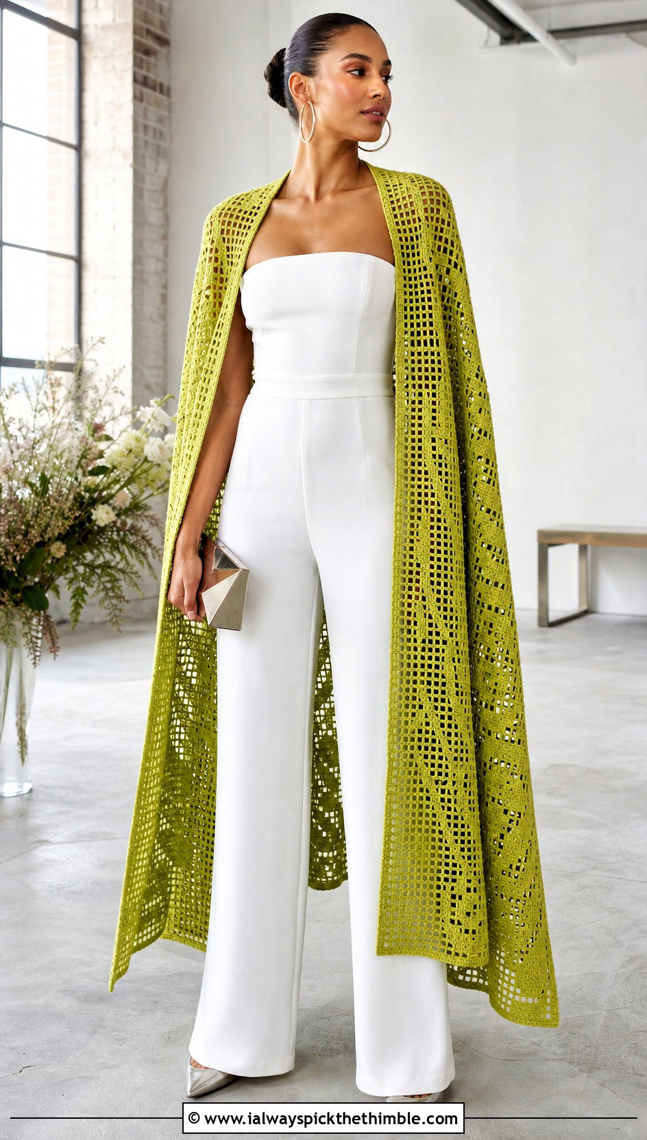 Filet Crochet Cape With Tailored Bridal Jumpsuit - 20 Crochet Wedding Cape outfit ideas