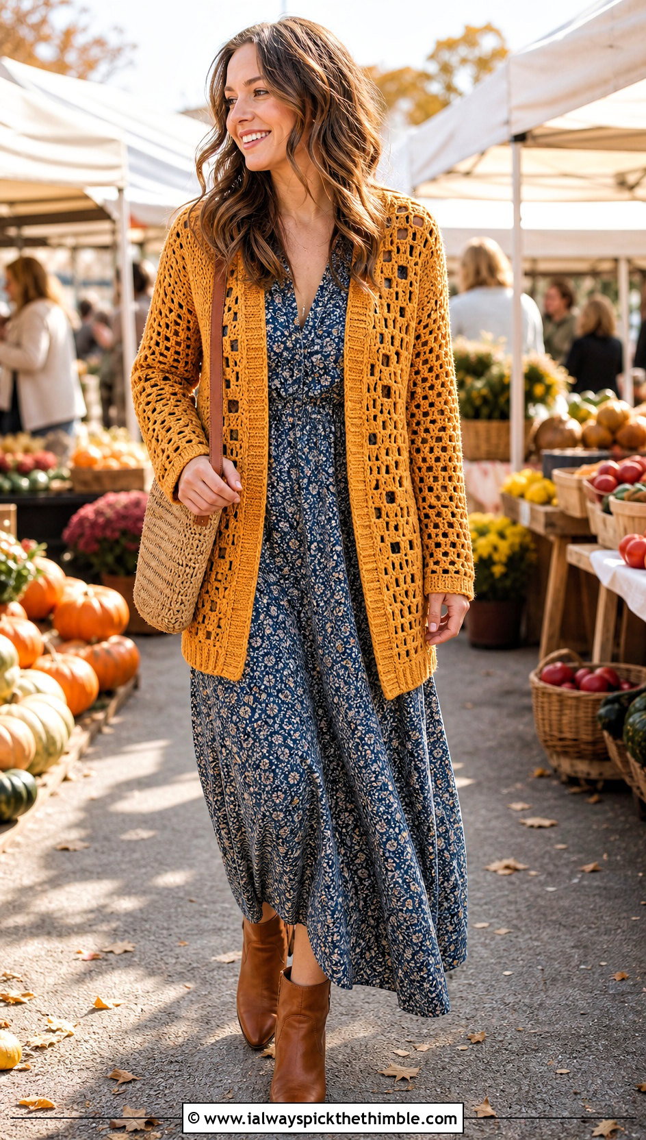 Filet Crochet Cardigan With Floral Maxi Dress - 25 ladies crochet cardigan outfit ideas