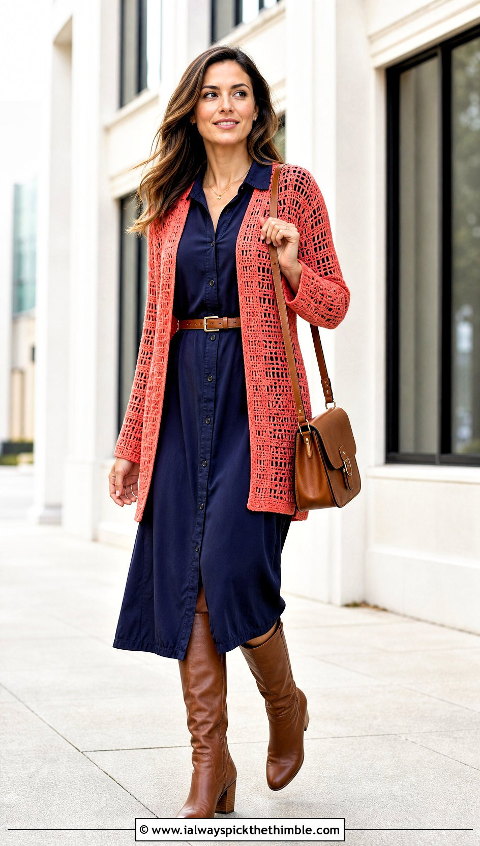 Filet Crochet Cardigan With Shirt Dress - 25 fall crochet cardigan outfit ideas