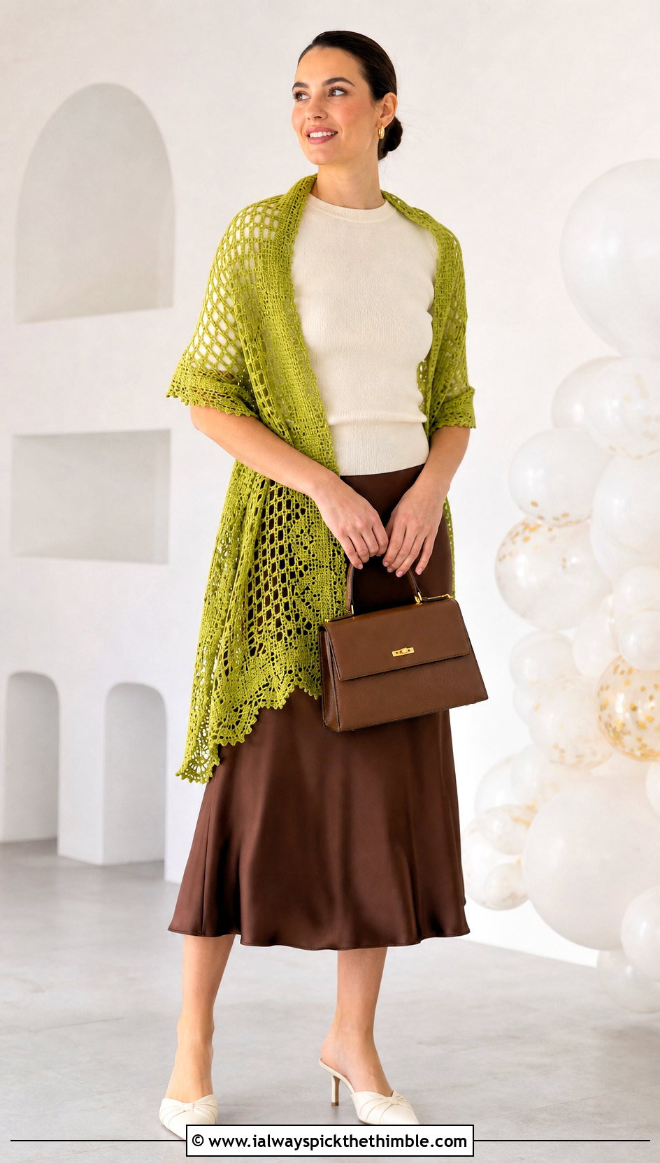 Filet Crochet Circular Shawl With a Satin Midi Skirt - 20 crochet circular shawl outfit ideas