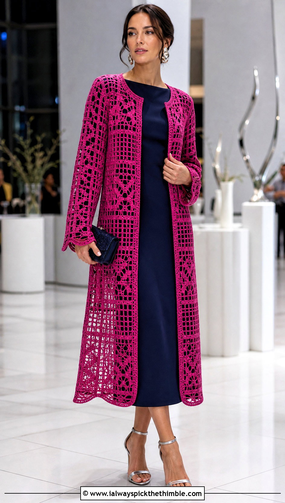 Filet Crochet Coat With Column Dress - 25 crochet coat outfit ideas