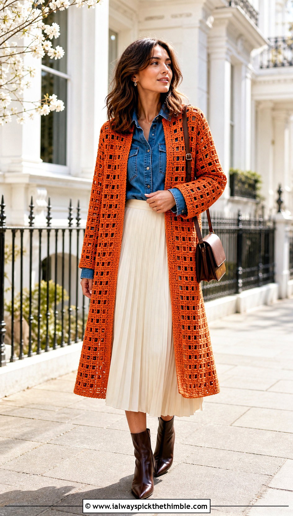 Filet Crochet Coat With Denim Shirt And Midi Skirt - 15 stylish crochet coat design outfit ideas