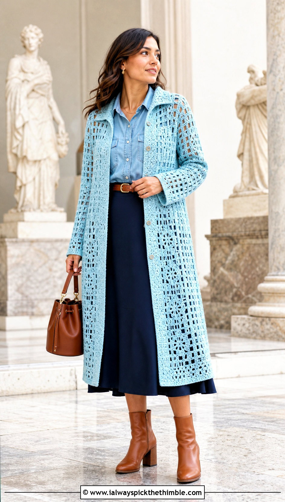 Filet Crochet Coat With Denim Shirt And Midi Skirt - 15 crochet coat size m outfit ideas