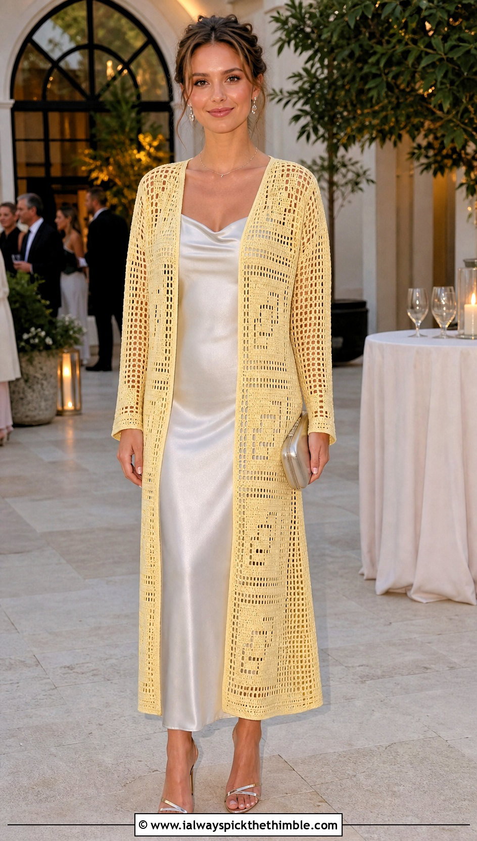 Filet Crochet Coat With Satin Slip Dress - 20 crochet coat ideas