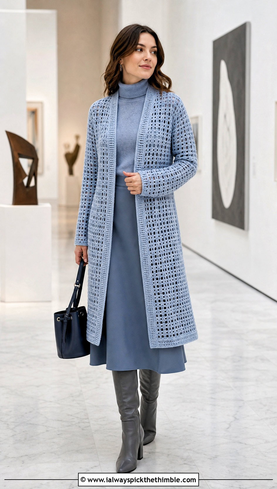 Filet Crochet Coat With Turtleneck And Midi Skirt - 20 Crochet Coat For Women outfit ideas