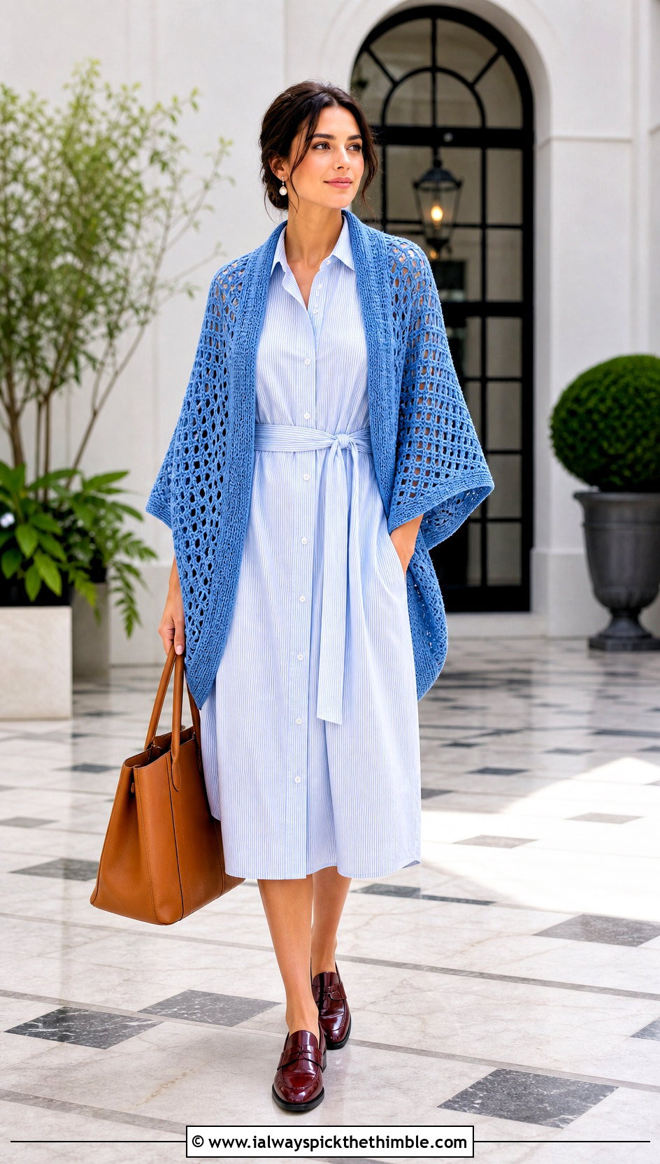 Filet Crochet Cocoon Shrug With Shirt Dress - 20 Easy Crochet Cocoon Shrug outfit ideas
