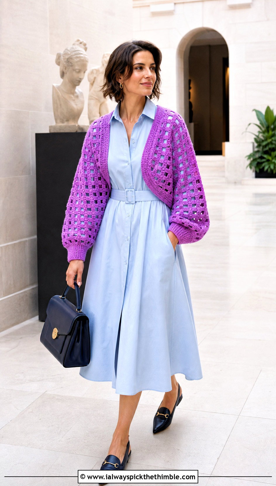 Filet Crochet Cocoon Shrug With Shirt Dress - 20 crochet cocoon shrug outfit ideas