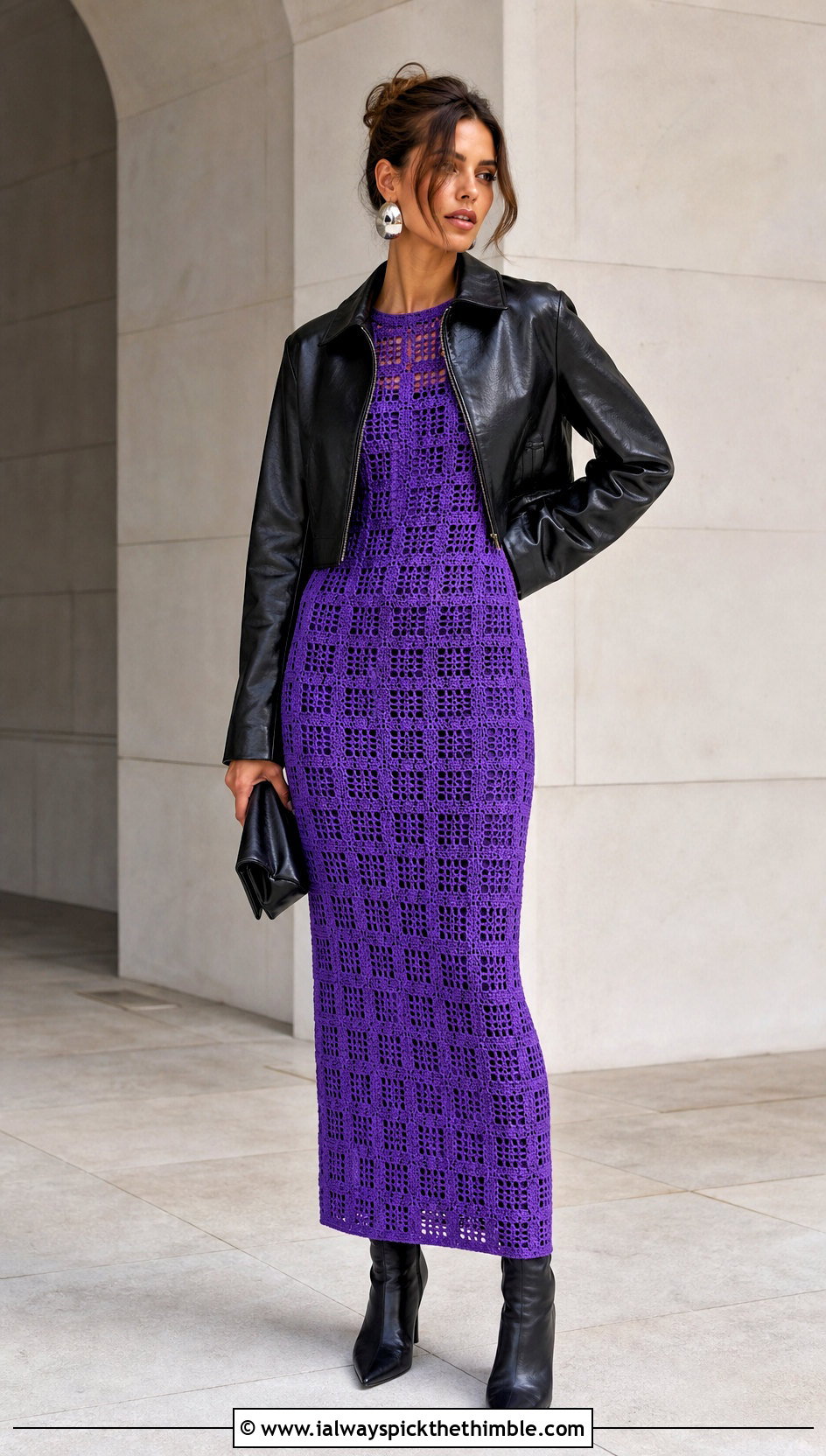 Filet Crochet Column Dress With Leather Jacket - 20 crochet a dress for women outfit ideas