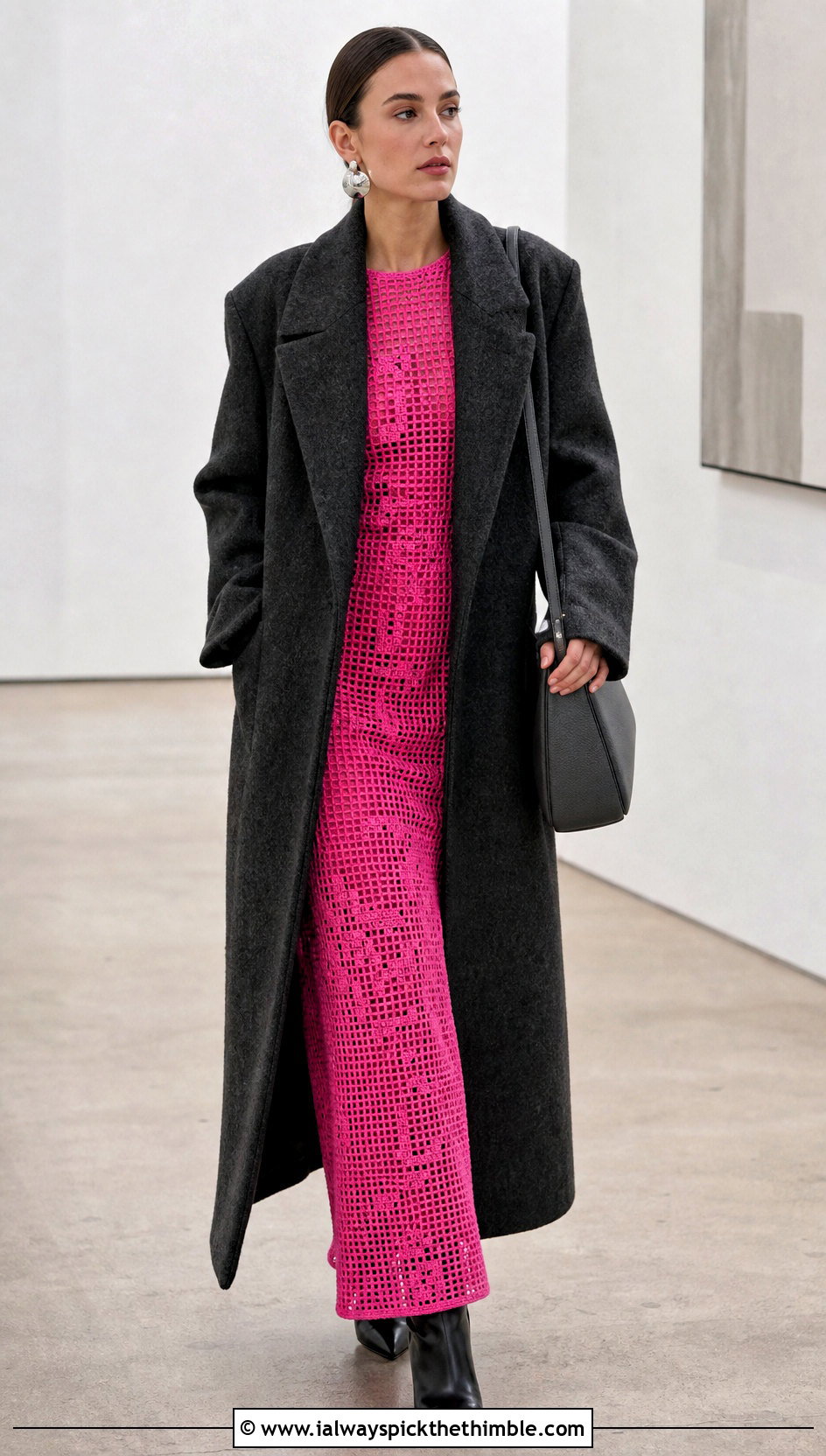 Filet Crochet Column Dress With Long Wool Coat - 20 crochet dress for winter outfit ideas